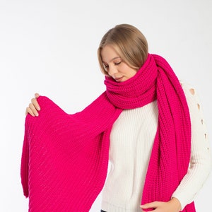 Pink Oversize Extra Long Chunky Scarf, Unisex Winter Hand Knitted Shawl, Women Blanket Scarf, Soft Ribbed Shoulder Wrap, Christmas Gift