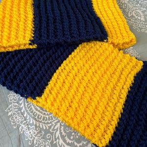 Hand Knit Scarf in Blue and Yellow  Long - Michigan. Big Blue