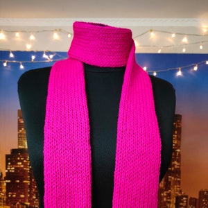 Fuchsia Pink Skinny Knit Scarf Handmade Double Layered Knitted Minimalist Accessory
