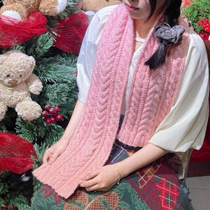 Handmade Cable Knit Scarf: Pastel Pink Wool Blend Winter Scarf